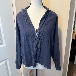 We The Free - Free People Blue Linen Tie Front Long Sleeve Blouse
